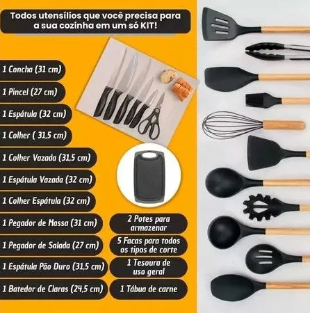 Kit Completo Jogo Utensílios de Cozinha Luxo 19 Peças Com Tábua em Silicone Espátula Faca Tesoura 2000GR Kitchen Presente Cores